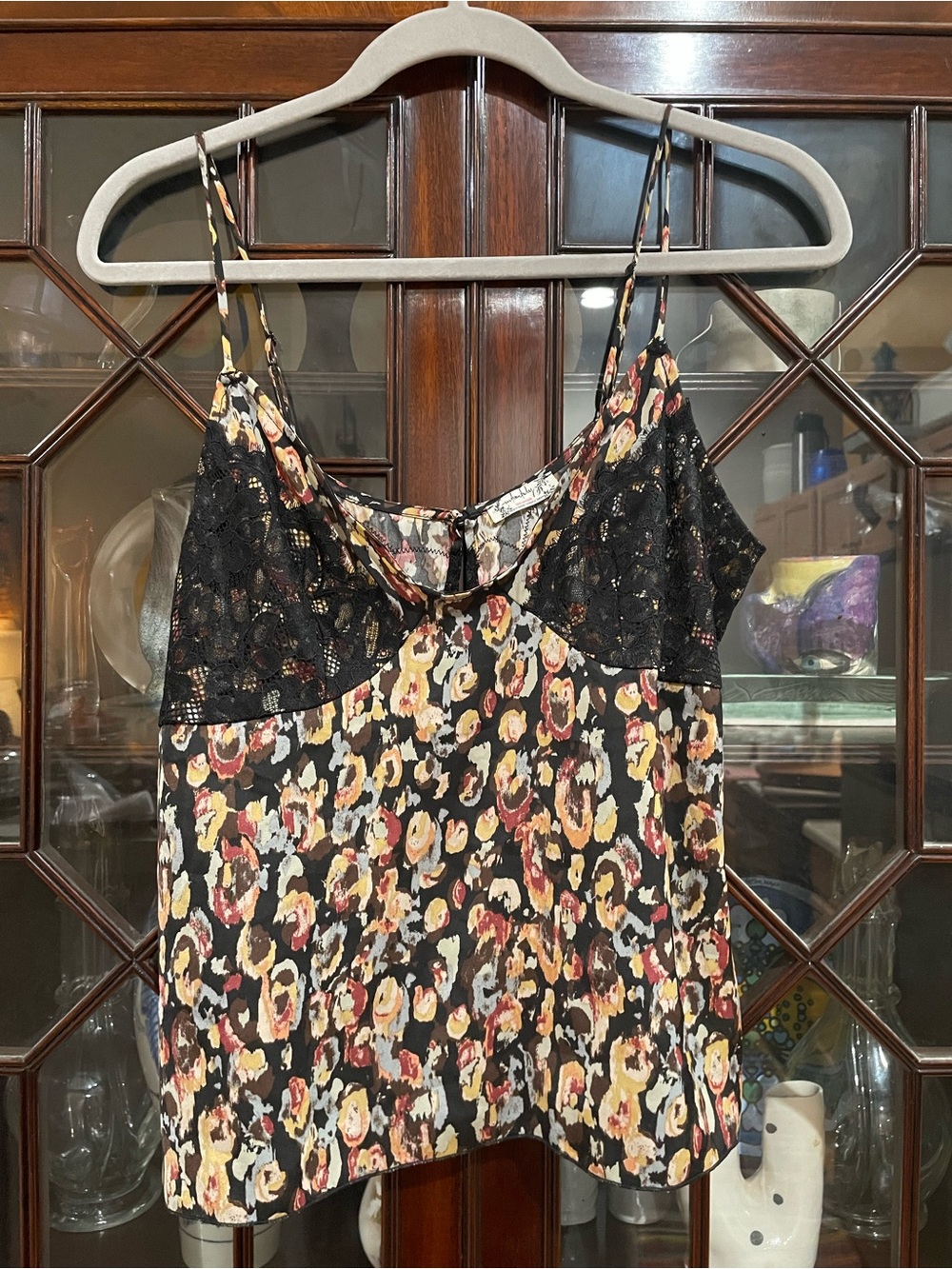 Free People Floral Print Black Lace, Yellow & Rust Tank Top, Shirt Medium